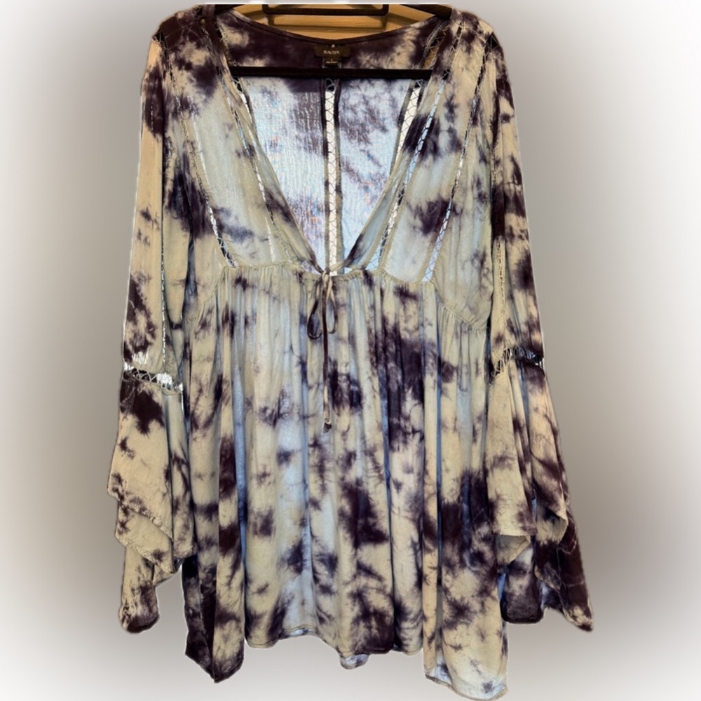 Raviya Blue Tie-Dye Bell Sleeve Cover Up Dress- L
